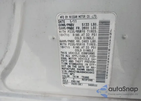 2011 Nissan Murano S z USA, uszkodzony, nr VIN JN8AZ1MU4BW060963